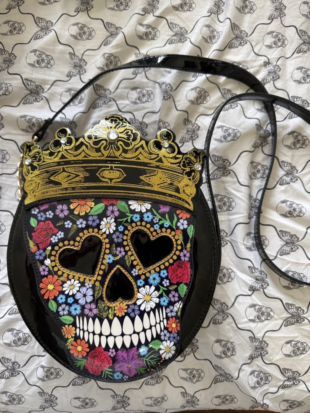 Black Floral Day of the Dead Skull Crossbody Bag with Gold Crown